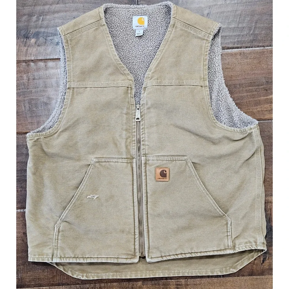 Distressed Carhartt Mens Sherpa Lined Sandstone Duck Vest Tan L Canvas V-Neck